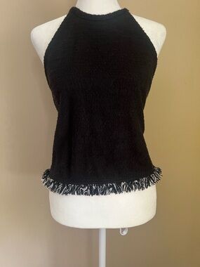 BOHO Zara Black Tank Top with Black-and-White Fringe Hem